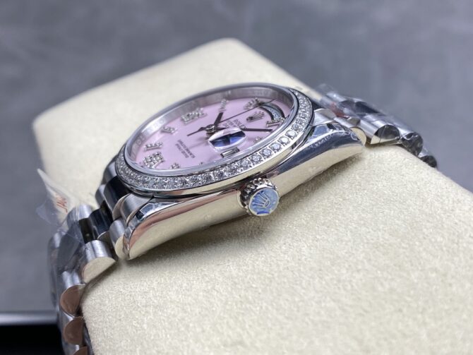 Replica Rolex Day Date 36 Platinum Pink Opal Diamond-Set Roman Dial Diamond Bezel m128396tbr 0009