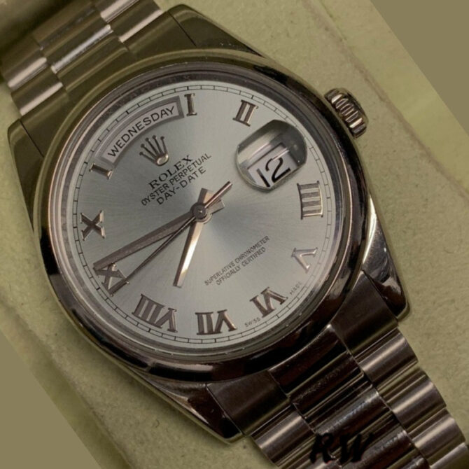 Replica Rolex Day-Date 218206 Concentric Rhodium Grey Roman Numeral Dial Platinum 41MM Mens Watch