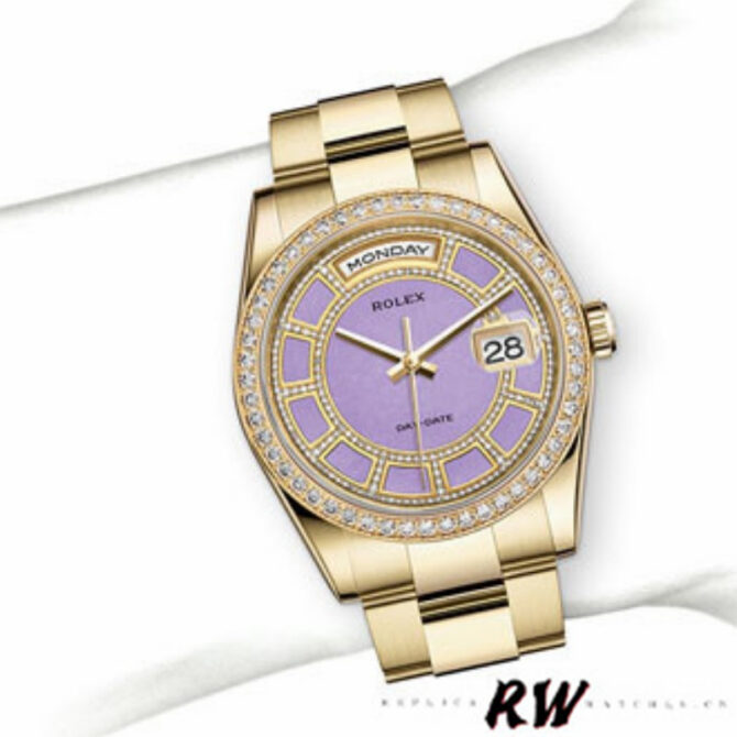 Replica Rolex Day Date 118348 Lavender Jade Carousel Dial Yellow Gold 36mm Unisex Watch