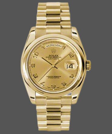 Replica Rolex Day-Date 118208 champagne dial Arabic Numeral Hour Markers yellow gold 36mm Unisex Watch