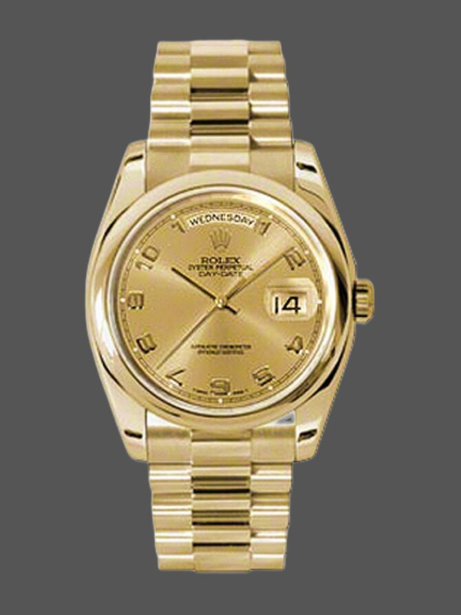 Replica Rolex Day-Date 118208 champagne dial Arabic Numeral Hour Markers yellow gold 36mm Unisex Watch