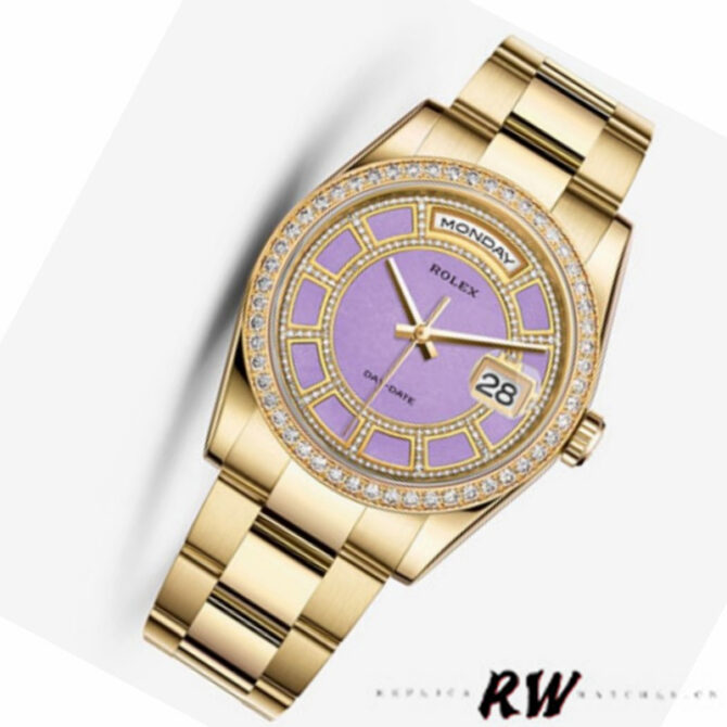 Replica Rolex Day Date 118348 Lavender Jade Carousel Dial Yellow Gold 36mm Unisex Watch