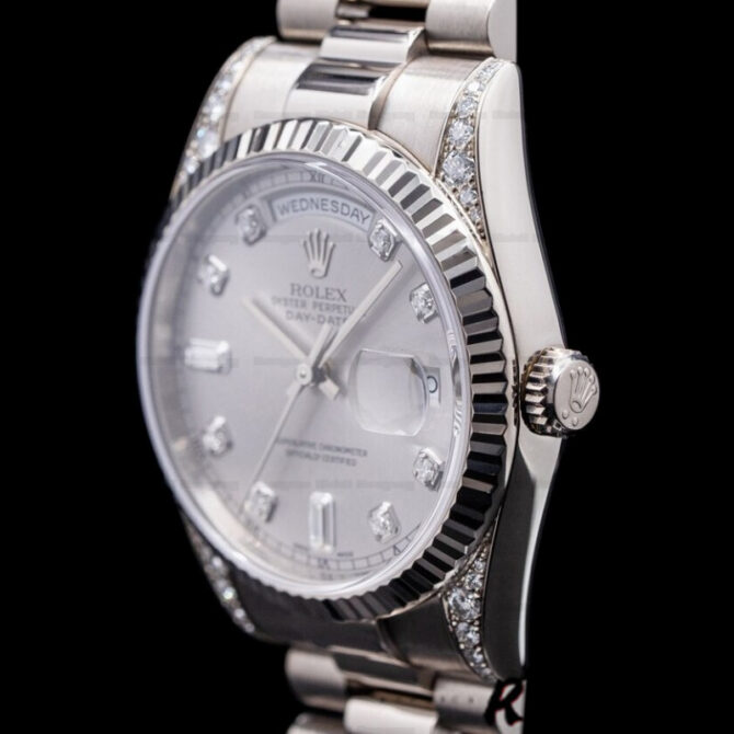 Replica Rolex Day Date 118339 White Gold Silver Dial Fluted Bezel 36mm Unisex Watch