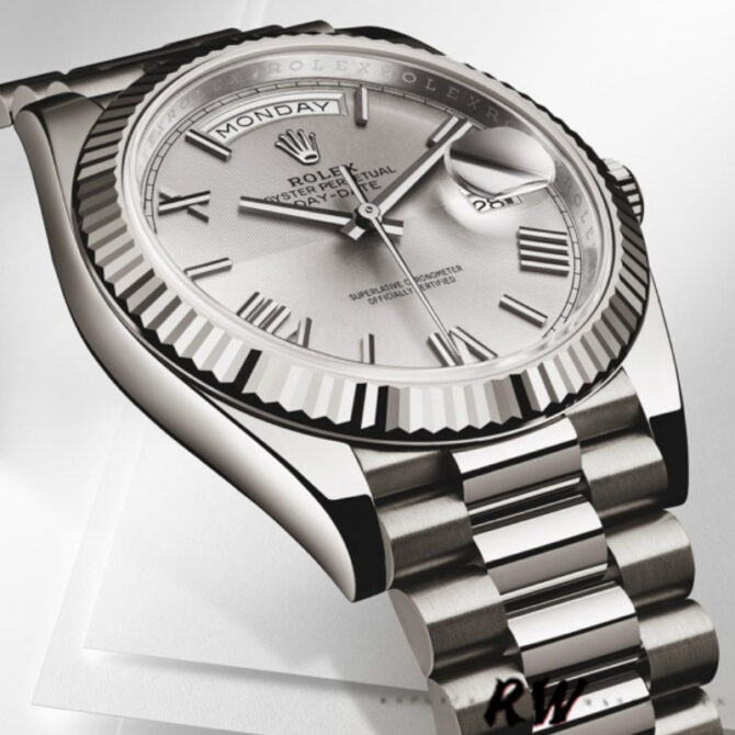 Replica Rolex Day-Date 228239 Silver Quadrant Motif Roman Dial Fluted Bezel 40mm Mens Watch