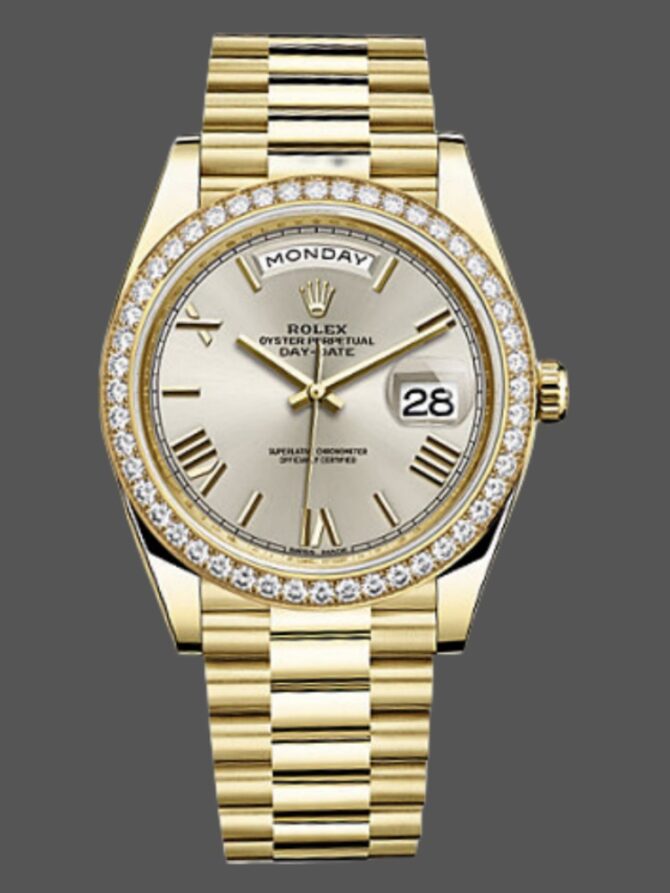 Replica Rolex Day-Date 228348RBR Silver Roman Dial Diamond Bezel 40mm Mens Watch