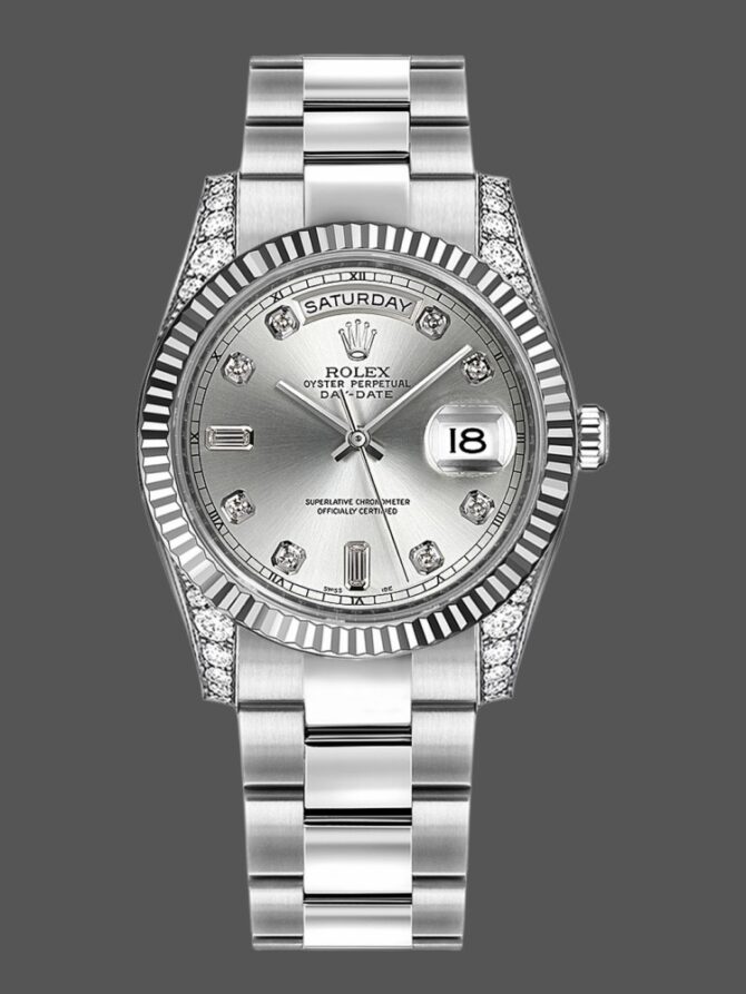 Replica Rolex Day Date 118339 Silver Dial Fluted Bezel 36mm Unisex Watch