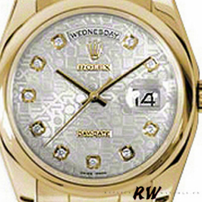 Replica Rolex Day-Date 118208 Silver Diamond Jubilee Dial Yellow Gold 36mm Unisex Watch