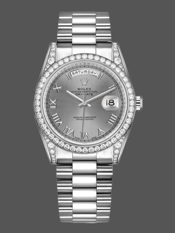 Replica Rolex Day-Date 118389 Rhodium Grey Roman Numeral Dial 36MM Unisex Watch