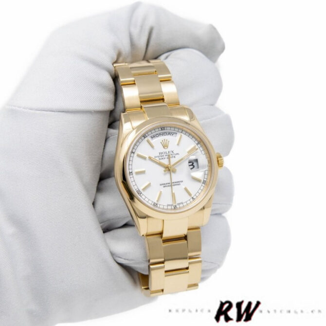 Replica Rolex Day-Date 118208 White Dial Yellow Gold 36mm Unisex Watch