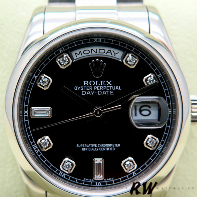 Replica Rolex Day Date 118206 Platinum Black Diamond Dial 36mm Unisex Watch