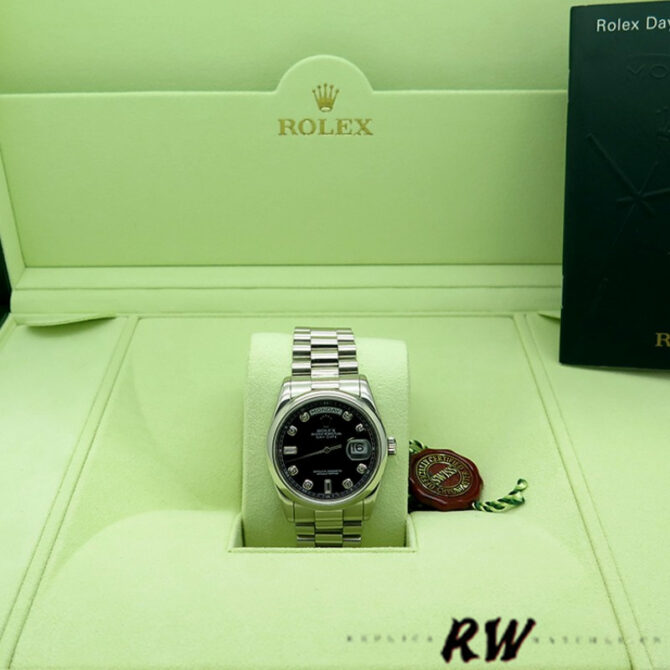 Replica Rolex Day Date 118206 Platinum Black Diamond Dial 36mm Unisex Watch