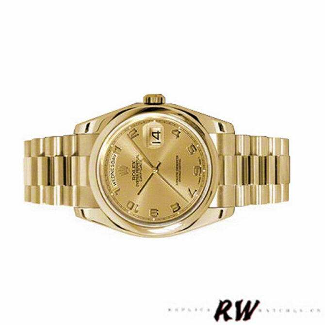 Replica Rolex Day-Date 118208 champagne dial Arabic Numeral Hour Markers yellow gold 36mm Unisex Watch
