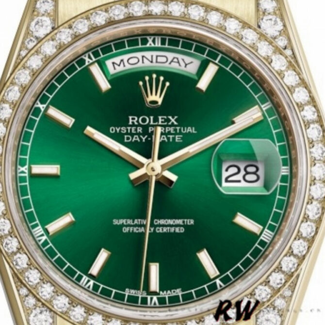 Replica Rolex Day-Date 118388 Yellow Gold Green Index Dial 36MM Unisex Watch