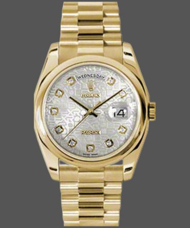 Replica Rolex Day-Date 118208 Silver Diamond Jubilee Dial Yellow Gold 36mm Unisex Watch
