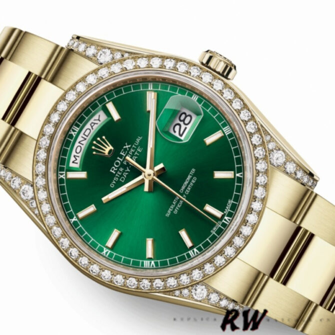 Replica Rolex Day-Date 118388 Yellow Gold Green Index Dial 36MM Unisex Watch