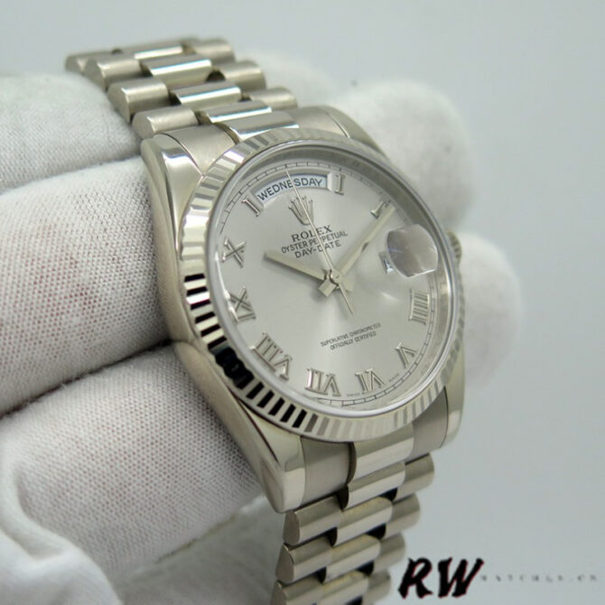 Replica Rolex Day-Date 118239 Rhodium Roman Dial white gold 36mm Unisex Watch