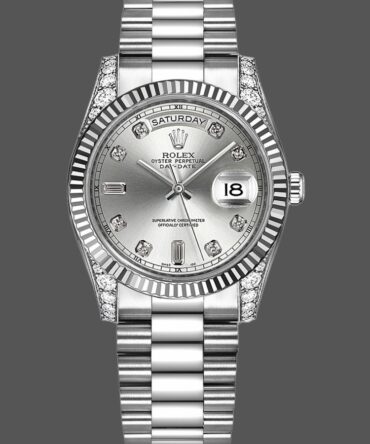 Replica Rolex Day Date 118339 White Gold Silver Dial Fluted Bezel 36mm Unisex Watch
