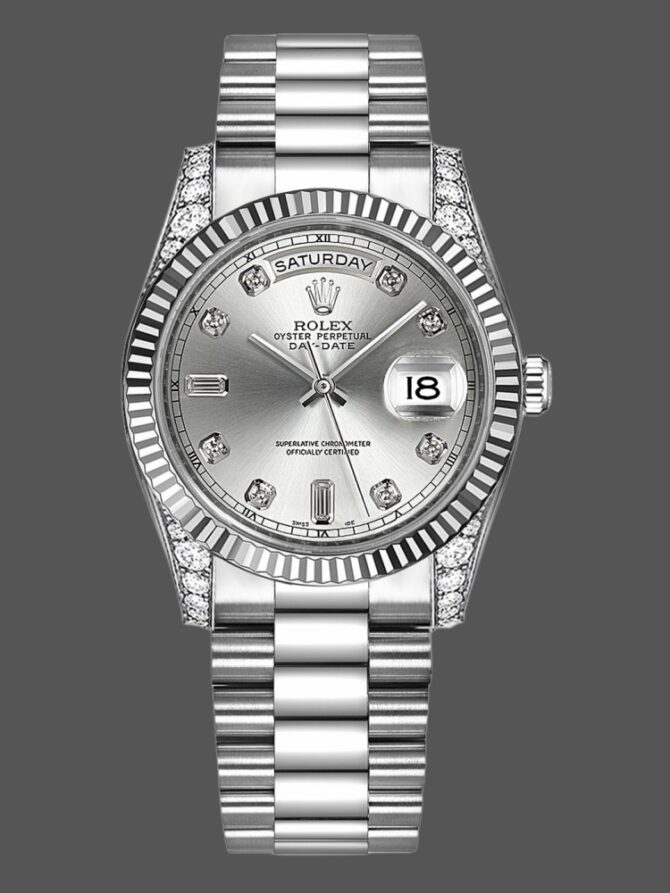 Replica Rolex Day Date 118339 White Gold Silver Dial Fluted Bezel 36mm Unisex Watch