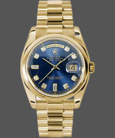 Replica Rolex Day-Date 118208 Yellow Gold Blue Diamond Dial 36mm Unisex Watch