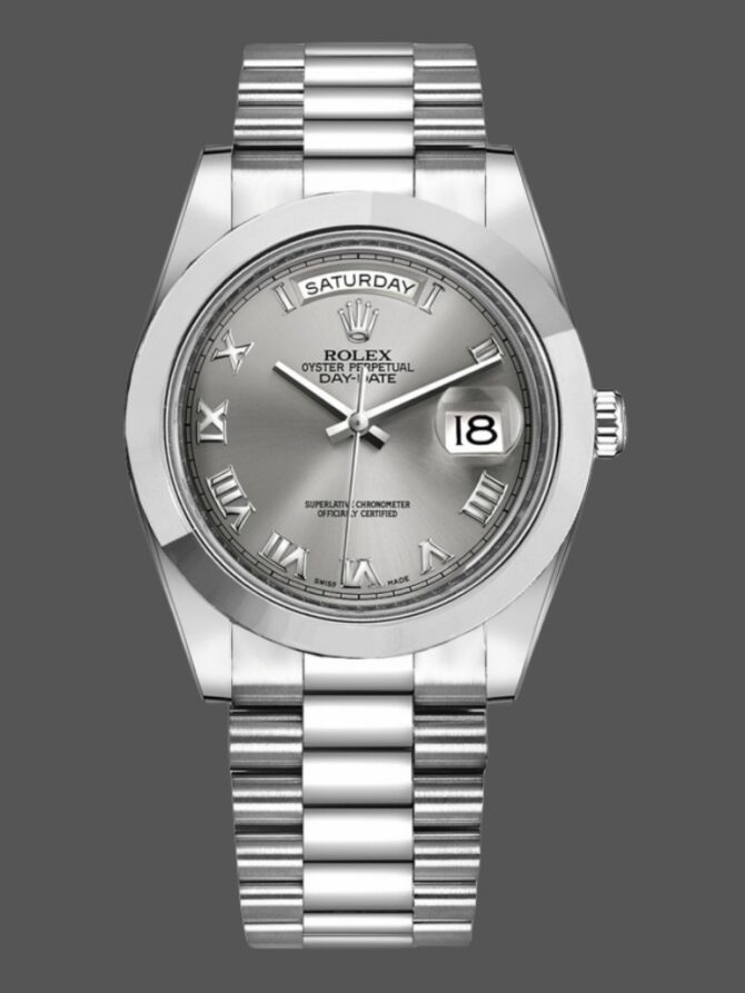 Replica Rolex Day-Date 218206 Concentric Rhodium Grey Roman Numeral Dial Platinum 41MM Mens Watch