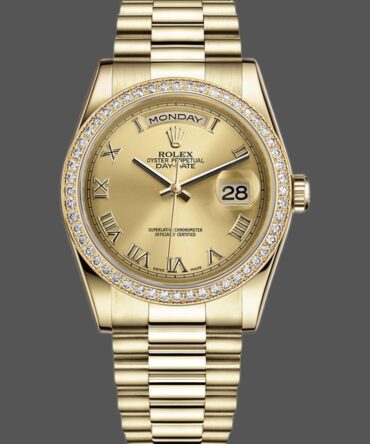 Replica Rolex Day Date 118348 Champagne dial Yellow Gold 36mm Unisex Watch