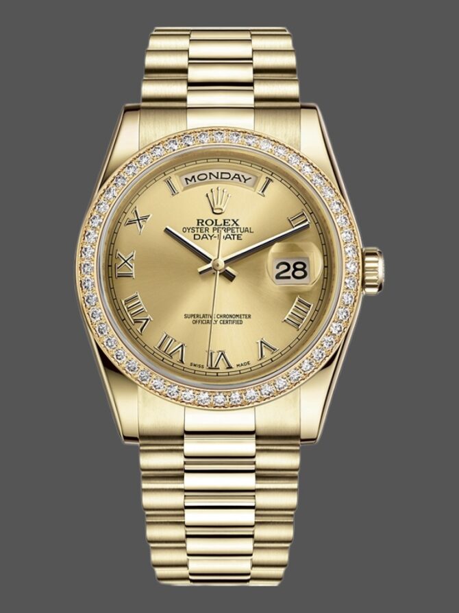 Replica Rolex Day Date 118348 Champagne dial Yellow Gold 36mm Unisex Watch