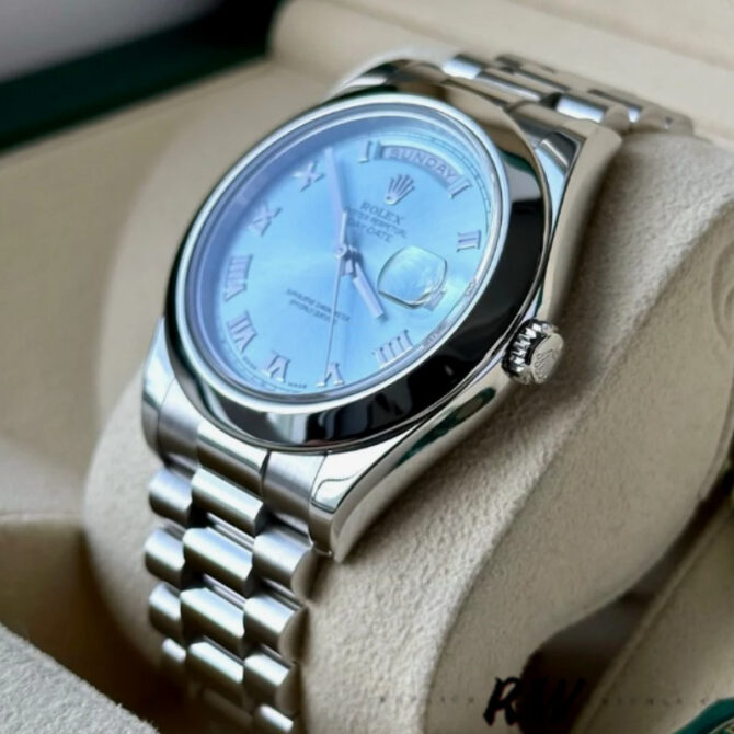 Replica Rolex Day-Date 218206 Ice Blue Roman Numeral Dial Platinum 41MM Mens Watch