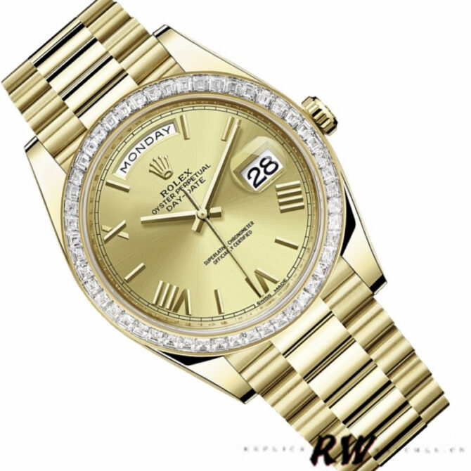Replica Rolex Day-Date 228398TBR Champagne Roman Numeral Dial Diamond Bezel 40mm Mens Watch
