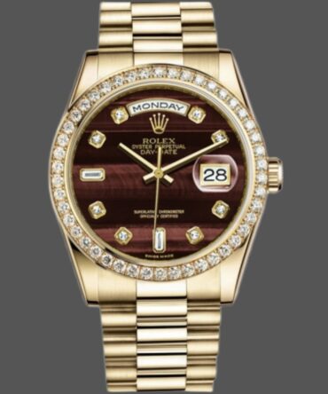 Replica Rolex Day-Date 118398 Bulls Eye Brown Diamond Dial 36MM Unisex Watch