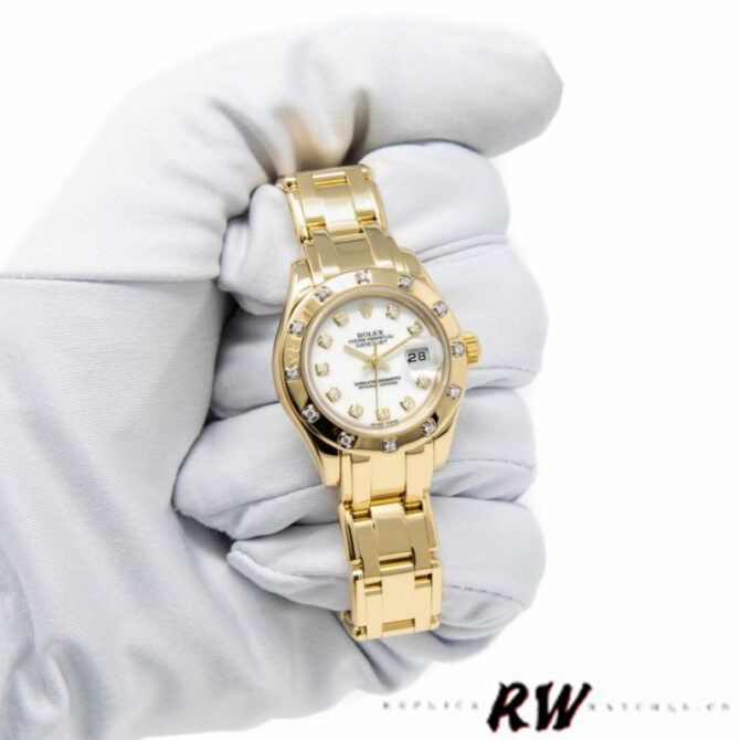 Rolex Pearlmaster 80318 Yellow Gold White Dial 29MM Lady Replica Watch