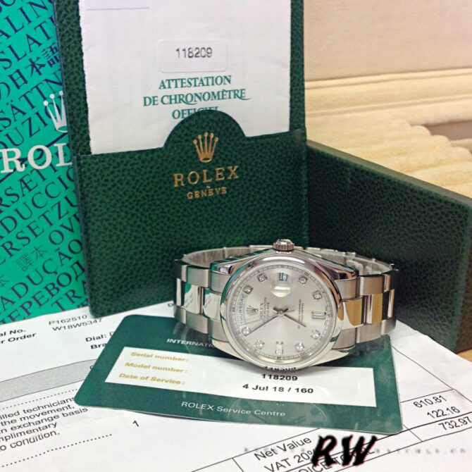 Replica Rolex Day-Date 118209 Silver Diamond Dial Automatic 36mm Unisex Watch