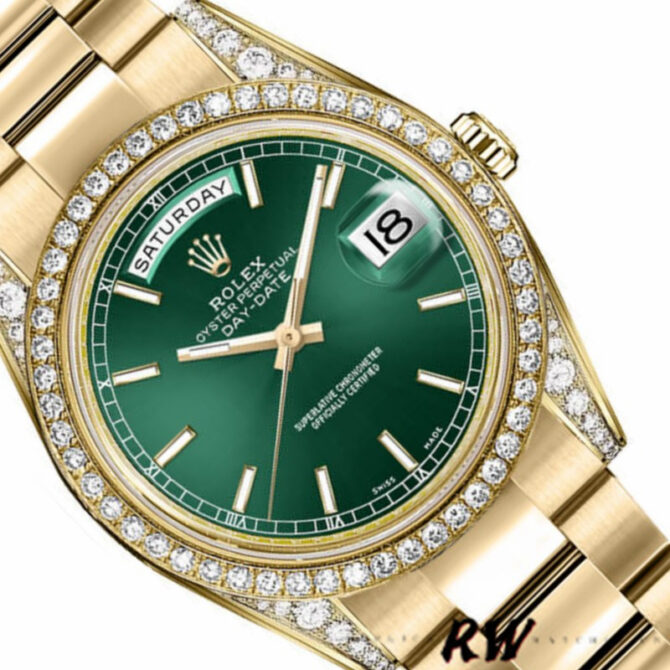 Replica Rolex Day-Date 118388 Yellow Gold Green Index Dial 36MM Unisex Watch