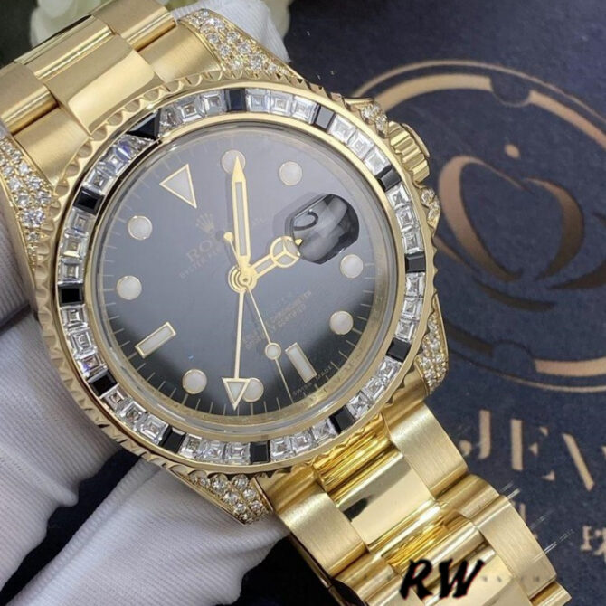 Rolex GMT-Master II 116758 Yellow Gold Black Dial Diamonds 40mm Mens Replica Watch
