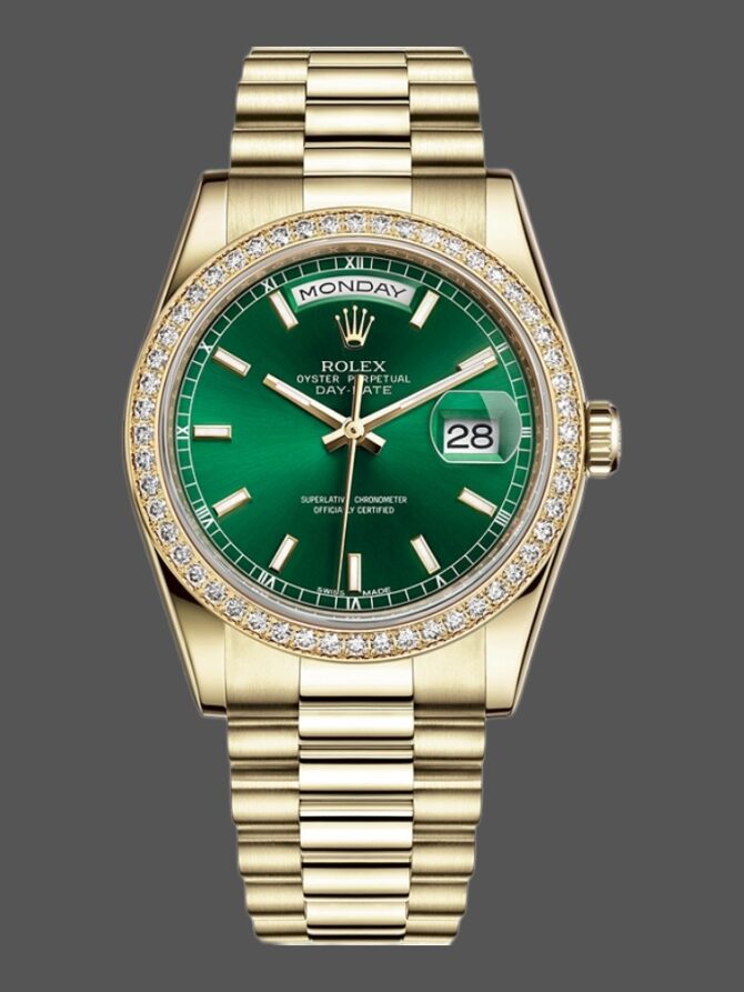 Replica Rolex Day Date 118348 Champagne Jubilee Diamond Dial Yellow Gold 36mm Unisex Watch