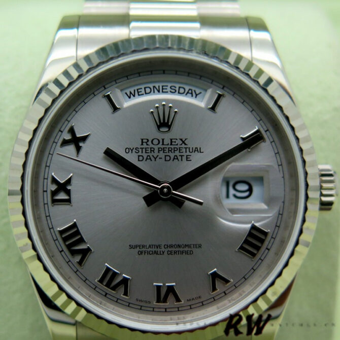 Replica Rolex Day-Date 118239 Rhodium Roman Dial white gold 36mm Unisex Watch