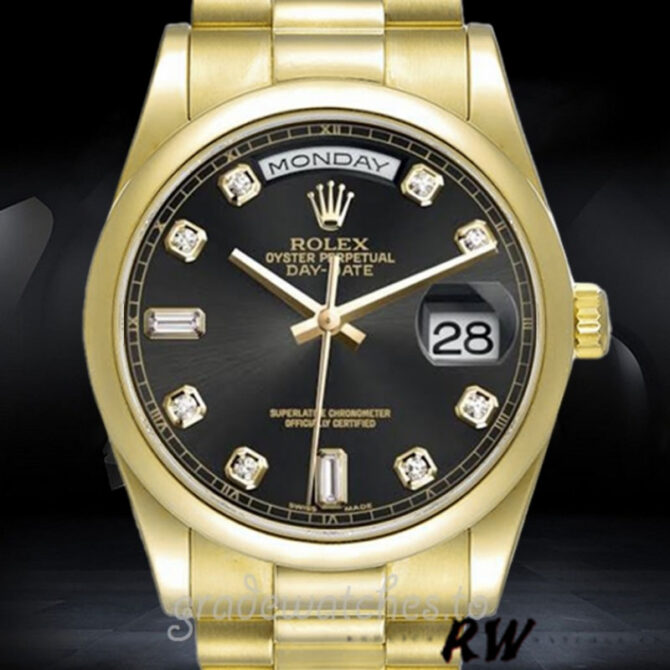 Replica Rolex Day-Date 118208 Black Diamond Dial 36mm Unisex Watch