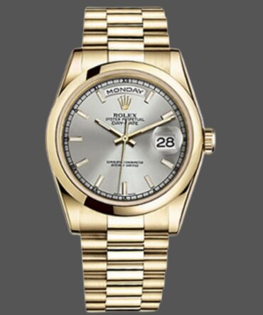 Replica Rolex Day-Date 118208 Silver Dial Domed Bezel 36mm Unisex Watch