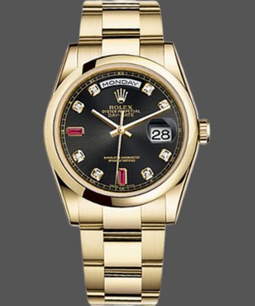 Replica Rolex Day-Date 118208 Black Diamond Dial Yellow Gold case 36mm Unisex Watch