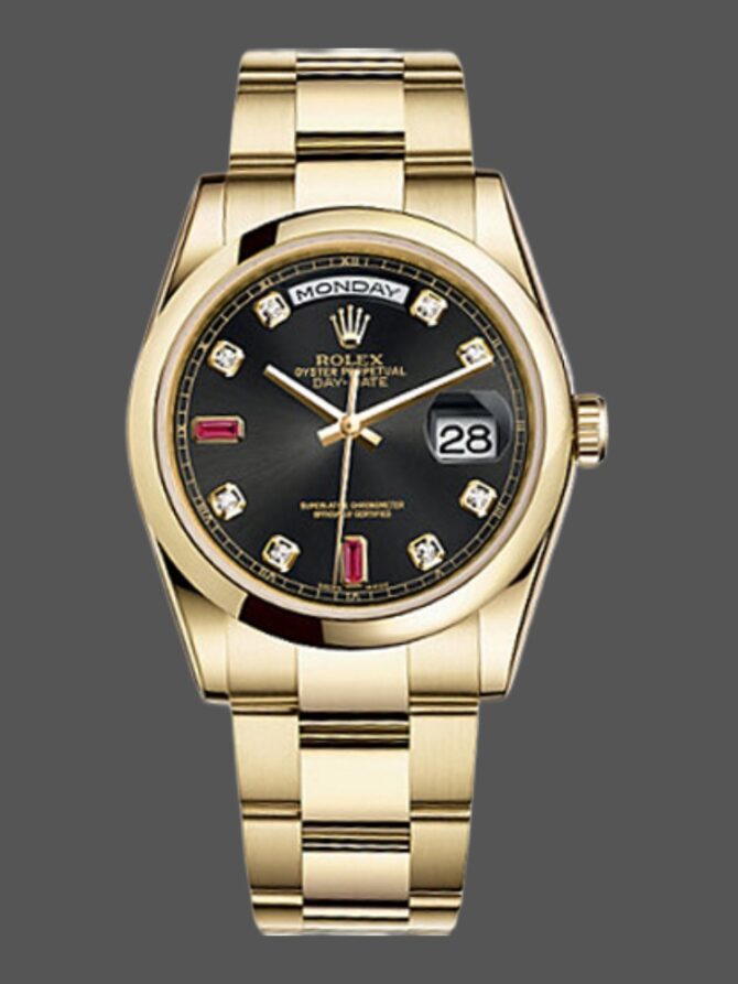 Replica Rolex Day-Date 118208 Black Diamond Dial Yellow Gold case 36mm Unisex Watch