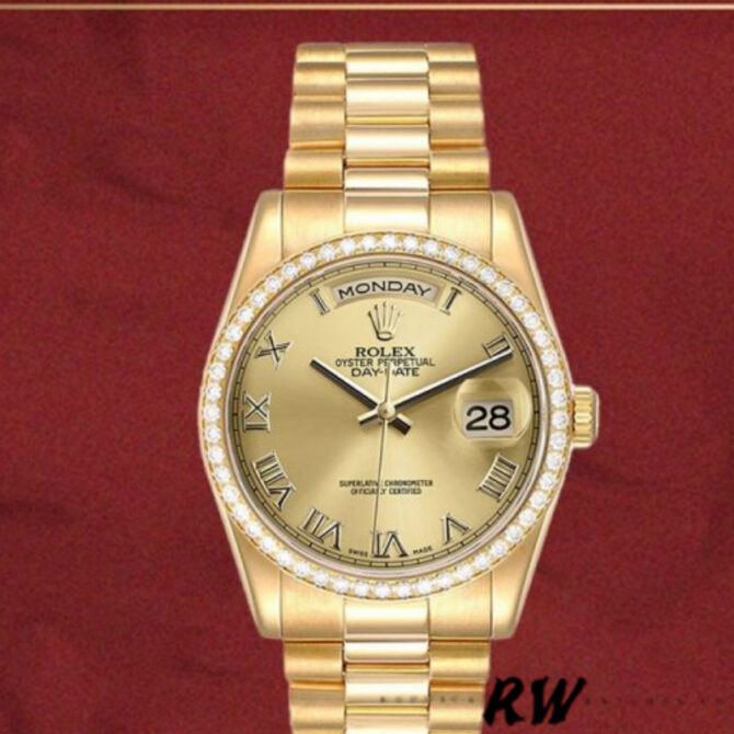 Replica Rolex Day Date 118348 Champagne dial Yellow Gold 36mm Unisex Watch