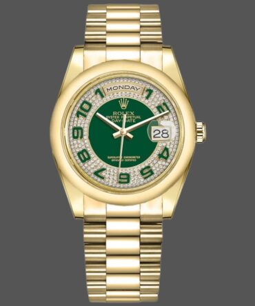 Replica Rolex Day-Date 118208 Yellow Gold Green Diamond Paved Arabic Dial 36mm Unisex Watch
