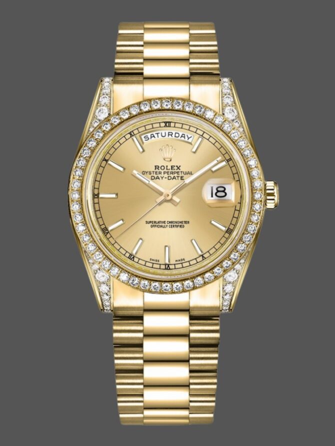 Replica Rolex Day-Date 118388 Yellow Gold Green Index Dial 36MM Unisex Watch