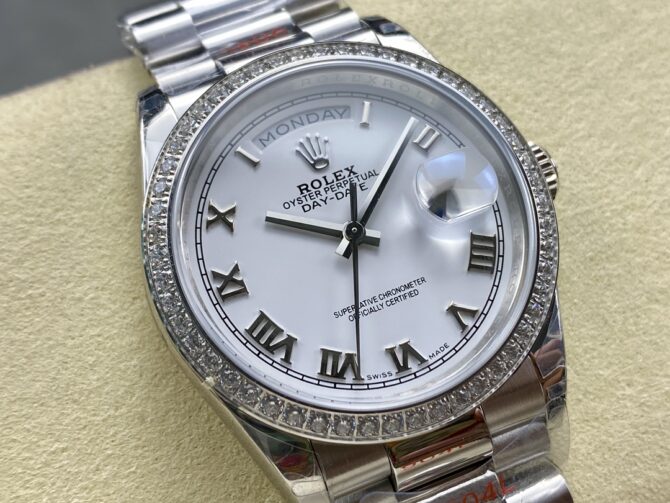 Replica Rolex Day Date 36 White Gold Diamond Bezel White Dial m128399tbr 0019