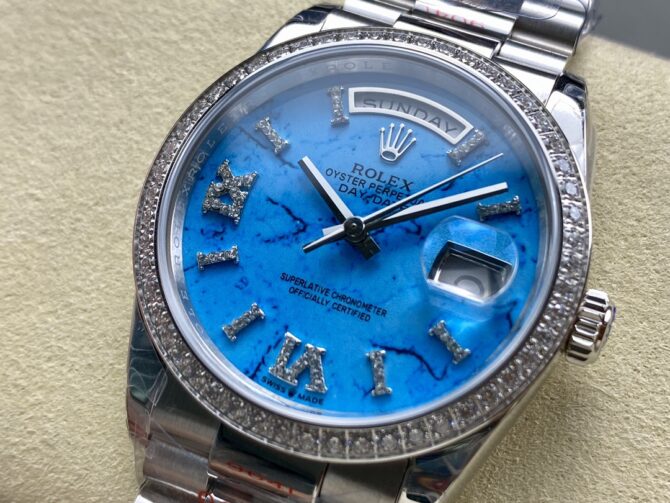 Replica Rolex Day Date 36 Platinum Turquoise Diamond-Set Roman Dial Diamond Bezel m128396tbr 0016
