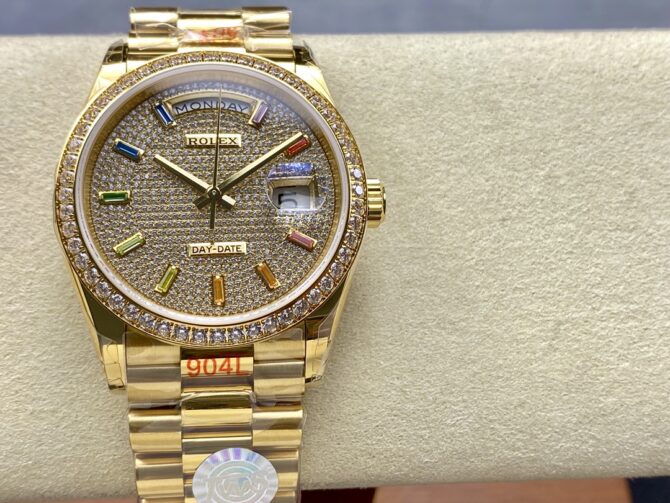 Replica Rolex Day Date 36mm Yellow Gold 128348RBR 0030 Pave Rainbow Diamonds Sapphires Dial