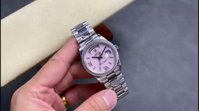 Replica Rolex Day Date 36 Platinum Pink Opal Diamond-Set Roman Dial Diamond Bezel m128396tbr 0009