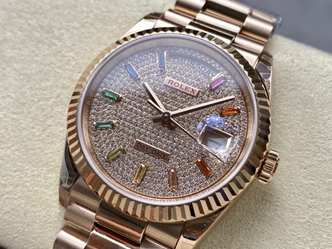 Replica Rolex Day Date 36 Diamond Paved Dial Fluted Bezel 18K Everose gold 128235 0039 President Watch