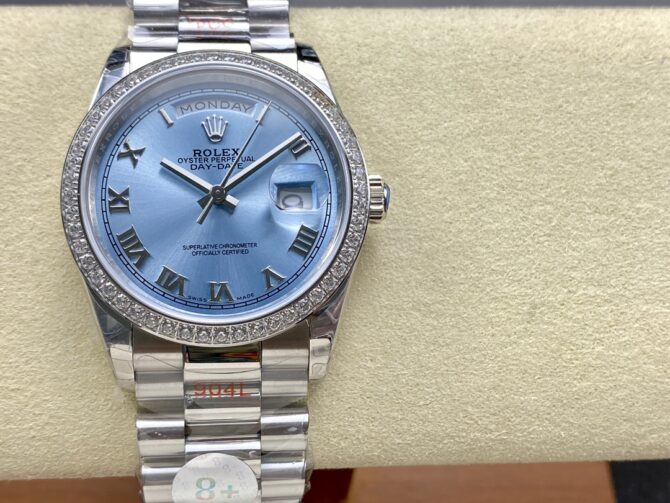 Replica Rolex Day Date 36 Diamond Bezel Ice Blue Roman Dial m128396tbr 0019