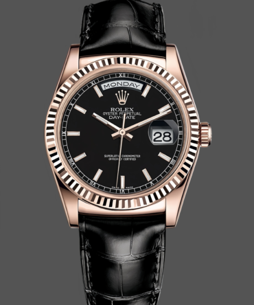 Replica Rolex Day Date 36 Everose Gold Black Dial 118135 0063 Leather Watch