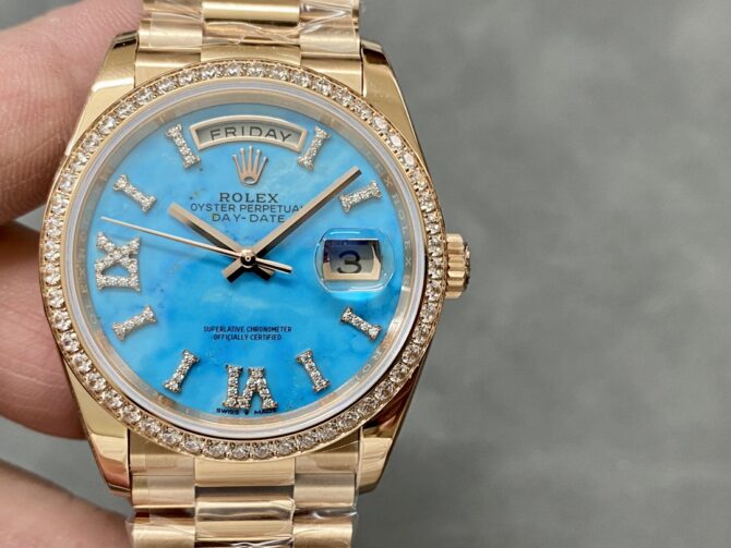 Replica Rolex Day-Date 36 Rose Gold Turquoise Diamond-Set Roman Dial Diamond Bezel m128345rbr 0064